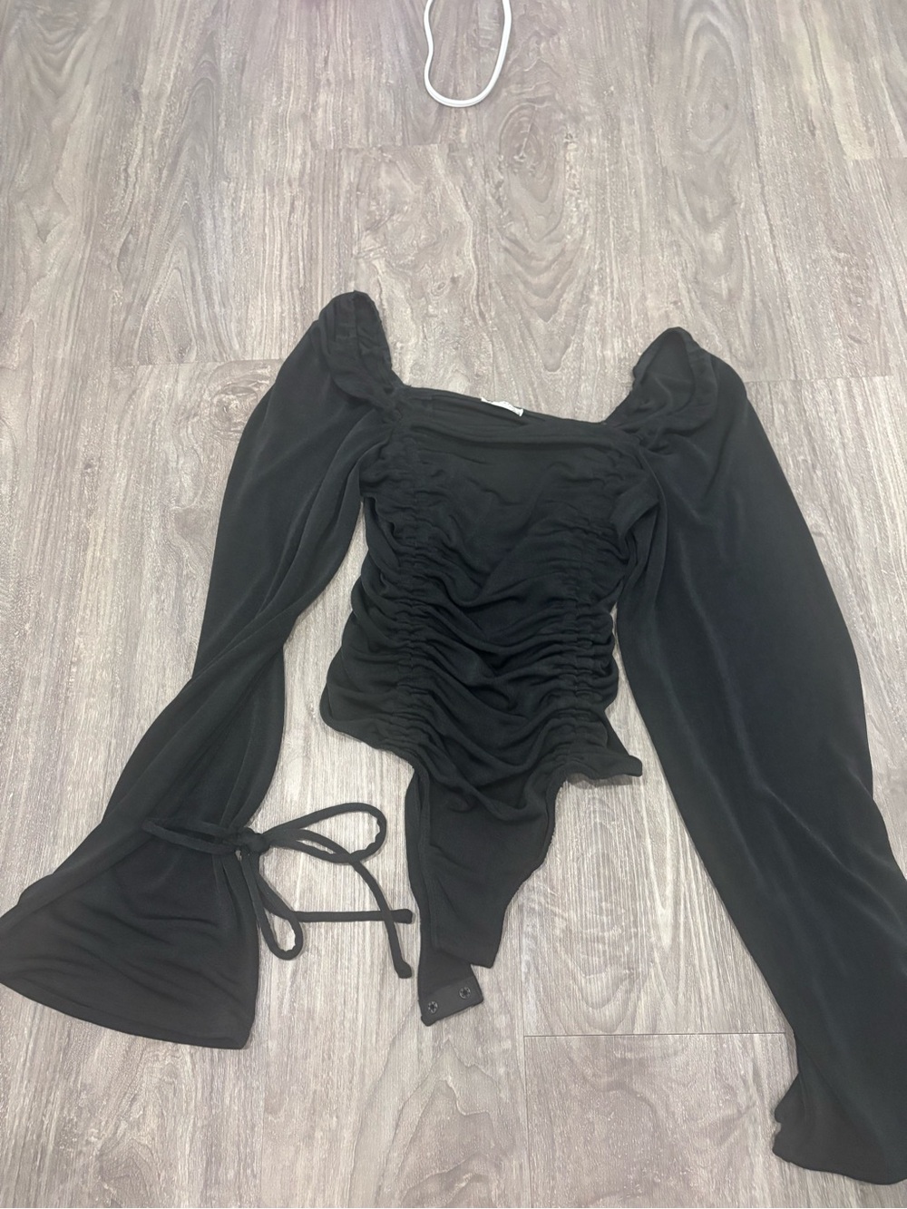 Free People Black Ruched Long-Sleeve Square-Neck Bodysuit